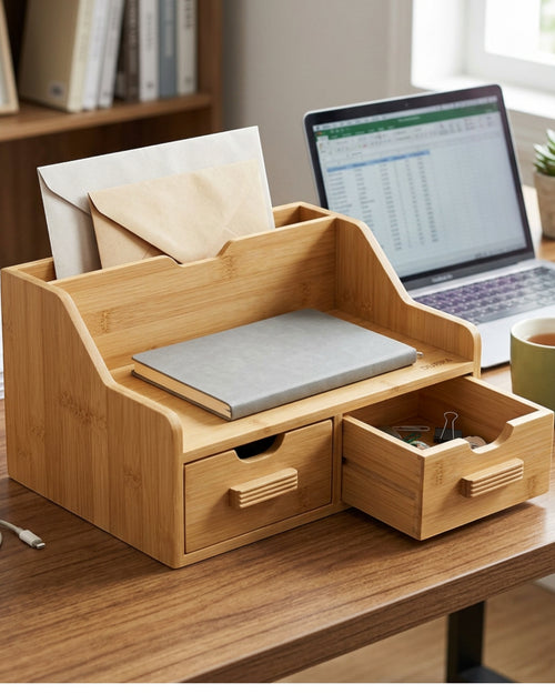 Durpa Bamboo Desk Organizer with Mail Slot and Two Drawers Natural - Lifestyle view