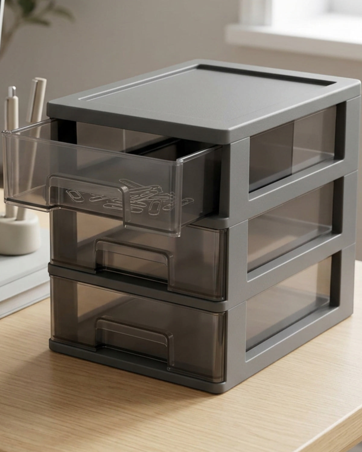 Durpa Stackable Desktop Organizer with Three Drawers Smoke Gray - Lifestyle view